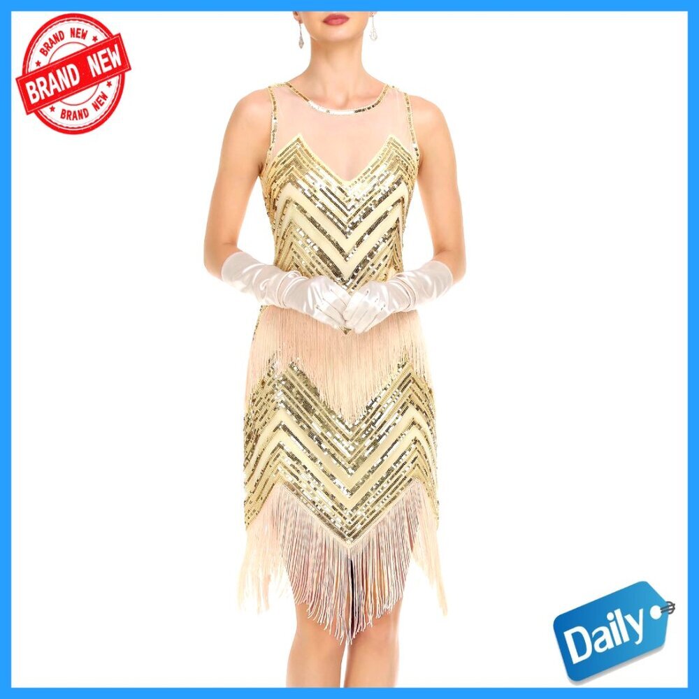 Sequin Beaded Flapper Dress with Fringe, Knee Length, 1920s Gatsby Party